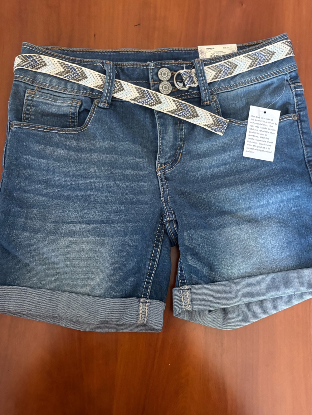 Denim Roll-Cuff Girl's Shorts with Braided Accent Belt - Blue